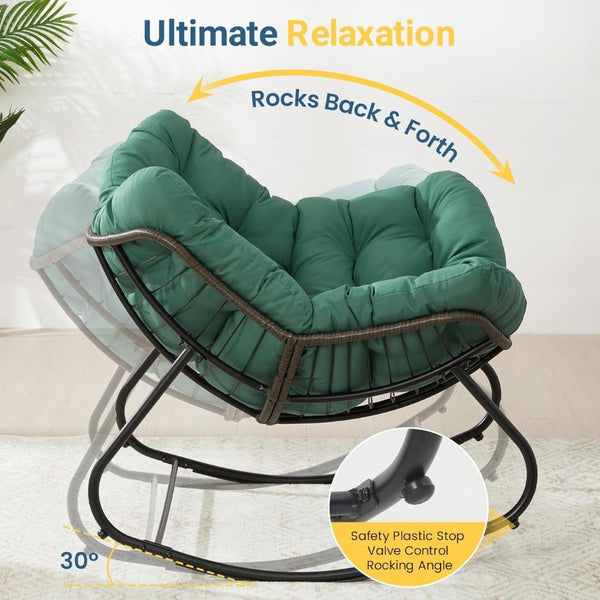 English Elm Dark Wicker Egg Rocking Chair with Ottoman Outdoor Pe Woven Patio Lounge Set Green B082P455172