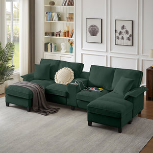 English Elm 120" Modular Corduroy Sectional Sofa Bed with Storage, U-Shaped 4-Seater, Cup Holders & Console Green W1359S00011