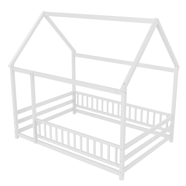 English Elm Twin Pine House Frame Floor Bed with Peaked Roof and Fence Guardrails for Kids White W1858P389981