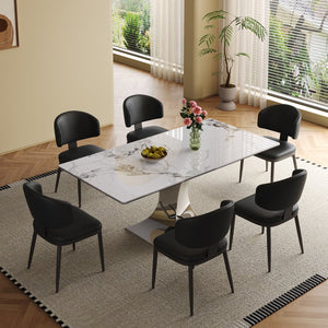 English Elm 71" Modern Rectangular Dining Table For 6-8 With Stylish Black Titanium Base & 8 Leather Chairs Included W2700S00055