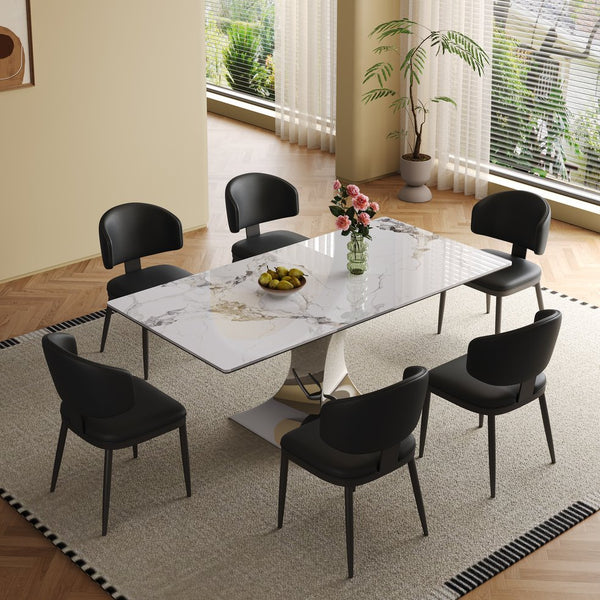English Elm 71" Modern Rectangular Dining Table For 6-8 With Stylish Black Titanium Base & 8 Leather Chairs Included W2700S00055
