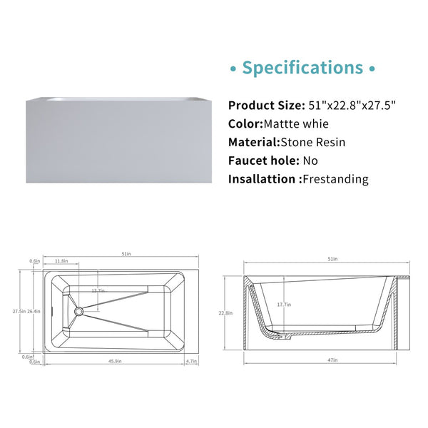 English Elm 51'' Resin Stone Freestanding Soaking Tub Matte White Spa Bath with Overflow Drain W2753P294506