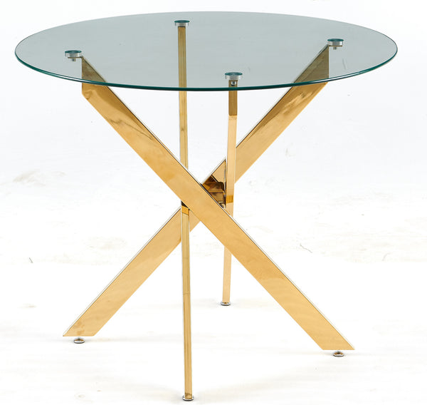 English Elm Golden Modern Glass Dining Table With Cross Metal Legs – Stylish Space-Saving Design For Living Room W234P185627
