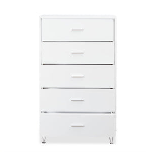 English Elm White 5-Drawer Chest For Modern Storage | Crisp Finish, Polished Chrome Legs & Effortless Access B062P209028-GIGA