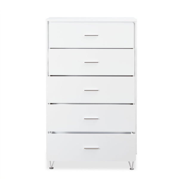 English Elm White 5-Drawer Chest For Modern Storage | Crisp Finish, Polished Chrome Legs & Effortless Access B062P209028-GIGA