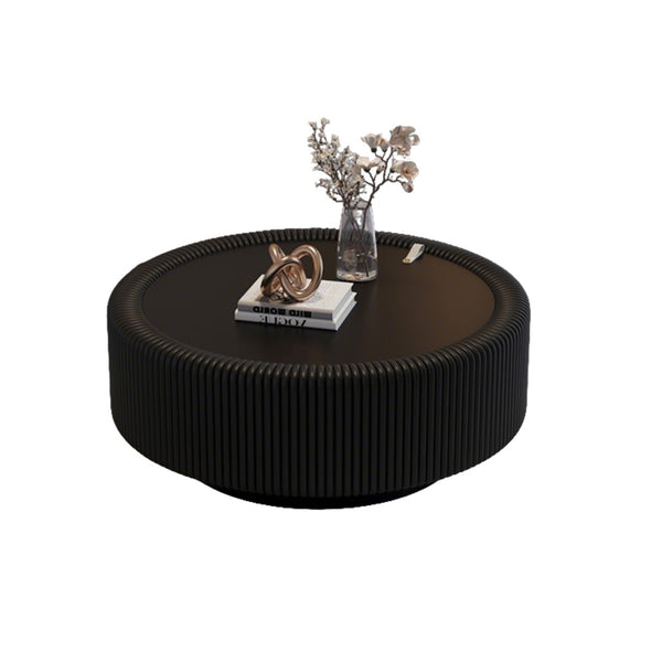 English Elm Black Round Fluted Pu Leather Coffee Table Tempered Glass Top Hidden Storage Modern Black W3081P428980