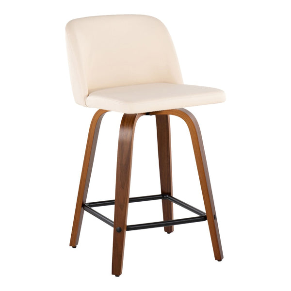 English Elm Toriano 24" Mid-Century Modern Swivel Counter Stool Set Of 2 In Walnut & Cream Faux Leather Comfort B202S00141-GIGA