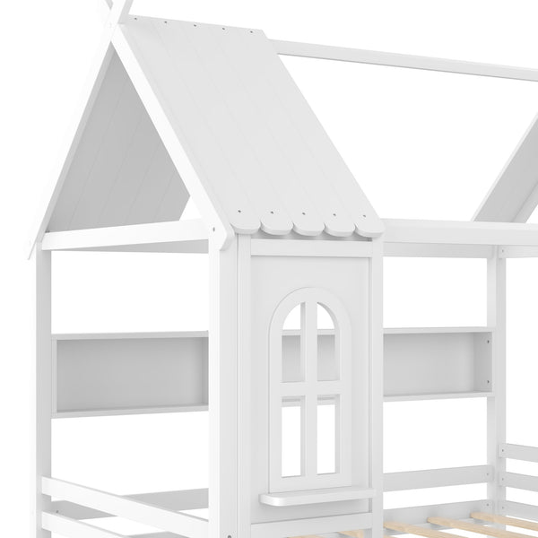 English Elm Full House Solid Wood Platform Bed with Window Roof, Under-Bed Drawers & Shelves for Kids' Rooms Light White W1580S00267