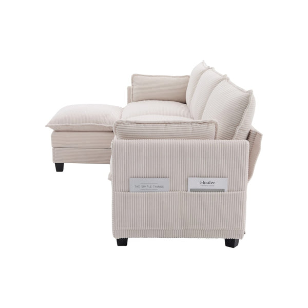English Elm United We Win Modular Corduroy Sectional with Ottoman Low Profile Living Room Couch Beige W1568S00259
