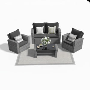 English Elm 4-piece Outdoor Wicker Conversation Set with Tempered Glass Table and Resort Style Black+Brown B082S00058