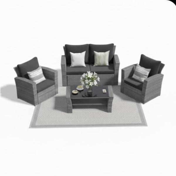 English Elm 4-piece Outdoor Wicker Conversation Set with Tempered Glass Table and Resort Style Black+Brown B082S00058