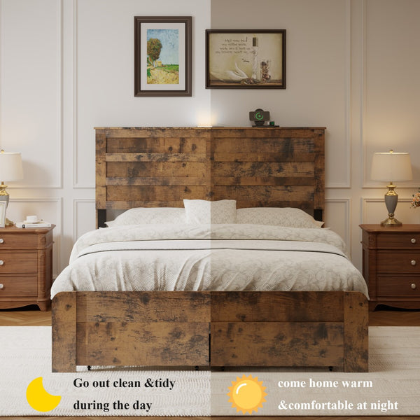 English Elm Full-size Storage Platform Bed Weathered Wood Usb Charging Headboard and Under Drawer W636P430758