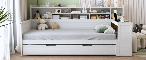 English Elm Wooden Twin Daybed with Trundle Built-in Desk and Open Shelves for Kids Rooms Antique White N733S373389K