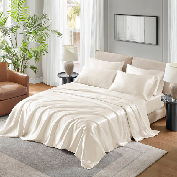 English Elm 4 Luxury Satin Twin Sheet Set - 100% Polyester, Soft Smooth 90g Finish, Deep Pocket Fit & Breathable Comfort Ivory 11.81 L x 9.84 W x 3.15 H B035P319696