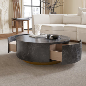 English Elm Tavola Round Coffee Table with Marble Pattern Top and Metal Legs, Two Drawers for Stylish Storage Grey B341P321161