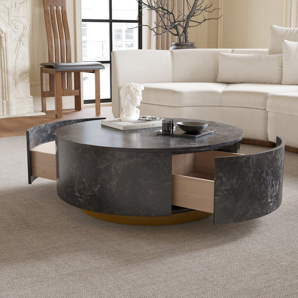 English Elm Tavola Round Coffee Table with Marble Pattern Top and Metal Legs, Two Drawers for Stylish Storage Grey B341P321161