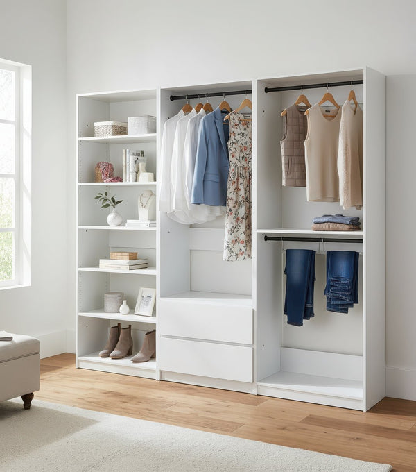 English Elm Prosper White Freestanding Walk In Wood Closet System – Durable Melamine Oak Finish, Modular Storage B040S00145