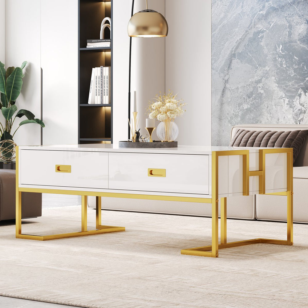 English Elm Modern 47.3" Rectangular Coffee Table with White MDF Top, Gold Metal Base & 4 Spacious Drawers, Luxe-functional Design N735P305626K