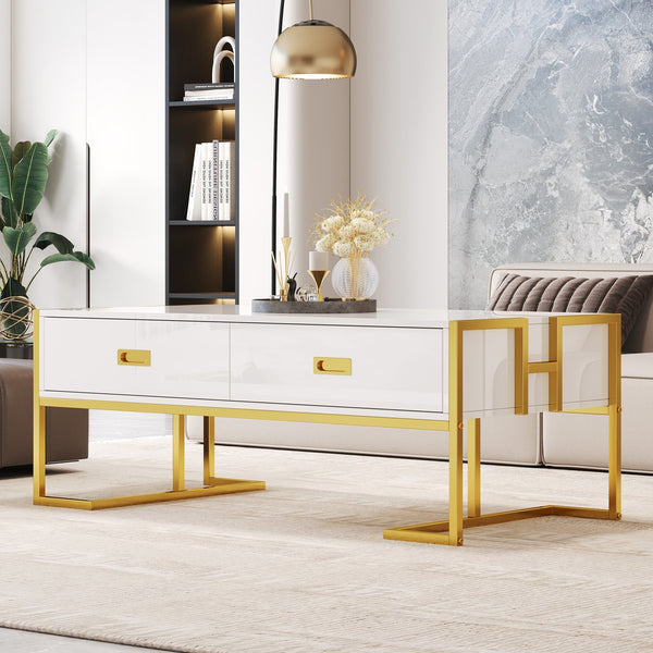 English Elm Modern 47.3" Rectangular Coffee Table with White MDF Top, Gold Metal Base & 4 Spacious Drawers, Luxe-functional Design N735P305626K