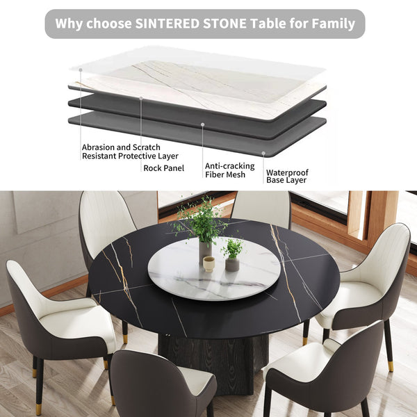 English Elm 59.05" Round Marble Dining Table With Black Wood Base, Turntable & Seating For 6-8, Modern Elegance W1535S00383