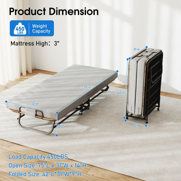 English Elm Portable Folding Guest Bed with Memory Foam and Reinforced Steel Frame on Locking Wheels T3963P447221