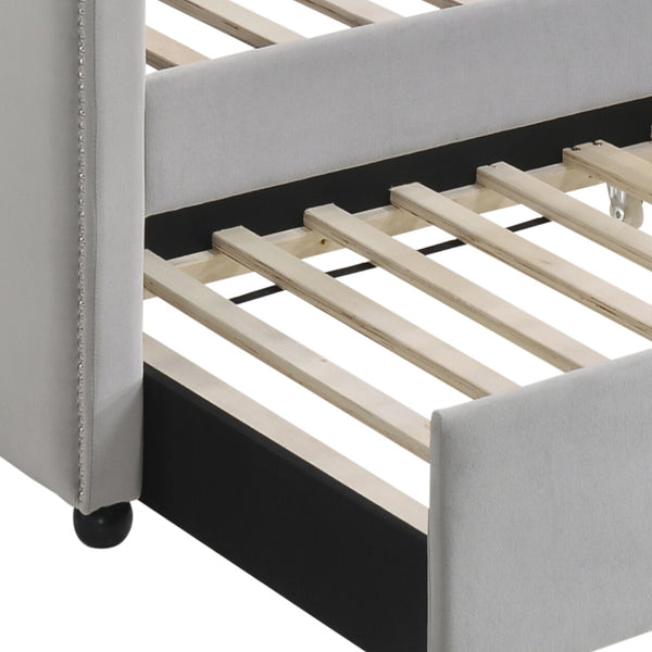 English Elm Dove Velvet Tufted Daybed with Trundle — Dove Gray Arched Back, Chrome Nailhead Trim, Black Legs (Twin) B062S00473