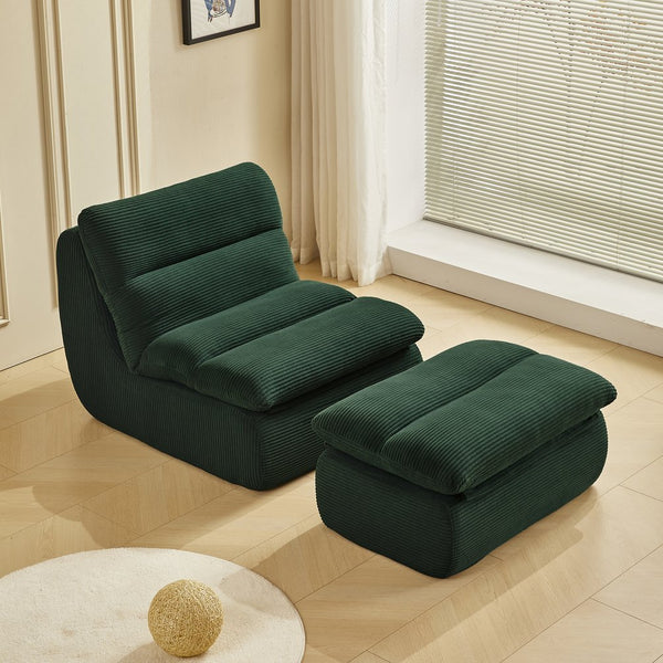 English Elm Modern Compressed Lounge Chair with Ottoman Corduroy Recliner Small Space Sofa High-Density Foam Comfort Green W1036P251819