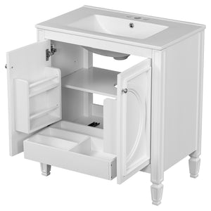 English Elm Christopher Knight Home® - 30" Bathroom Vanity with Sink Vintage Freestanding Ceramic Top Soft-Close Doors Gold Knobs, Storage White N759P226000K