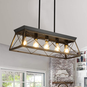 English Elm 32" Black Gold Industrial 5-Light Pendant Chandelier - Adjustable Metal Cage Farmhouse Lighting for Kitchen, Dining, Living Room W2312P368669