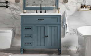 English Elm 36" Modern Bathroom Vanity with Ceramic Sink, Solid Wood + MDF Frame, Sleek Freestanding Design Blue N725P195410C