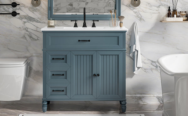 English Elm 36" Modern Bathroom Vanity with Ceramic Sink, Solid Wood + MDF Frame, Sleek Freestanding Design Blue N725P195410C