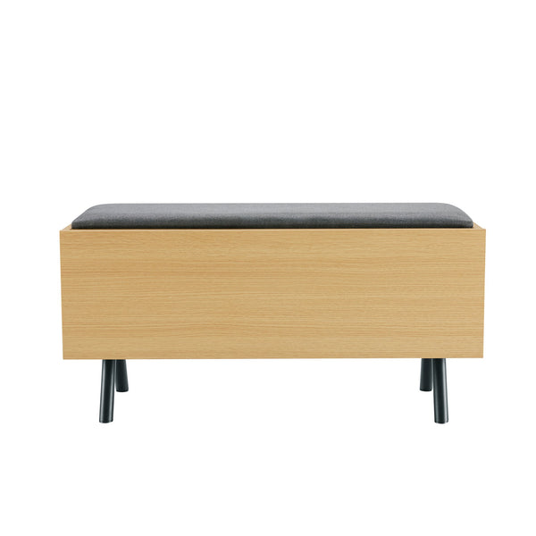 English Elm Paloma Upholstered Accent Storage Bench in Light Oak with Gas-Strut Lift, Metal Legs, Seats 2 B365P398213
