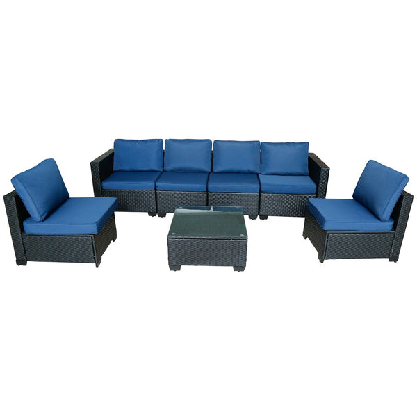 English Elm Seven-Piece Modular Outdoor Sofa Set With Glass Table And Waterproof Cushions For Stylish Comfort W3152S00002-GIGA