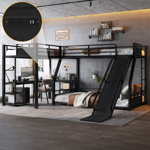 English Elm L-shaped Metal Triple Bunk Bed with Slide Desk and Storage for Shared Kids Rooms W1580S00568
