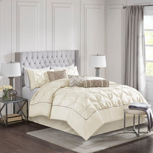 JLA Home Madison Park - 7 Tufted Comforter Set with Textured Pieced Design, Soft Durable Polyester, Easy-Care Elegance Ivory MP10-660
