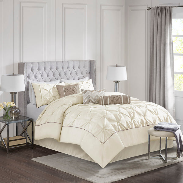 JLA Home Madison Park - 7 Tufted Comforter Set with Textured Pieced Design, Soft Durable Polyester, Easy-Care Elegance Ivory MP10-660