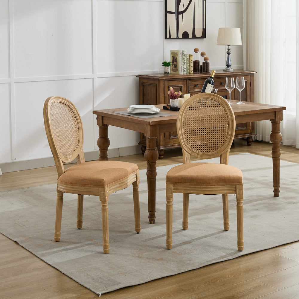 English Elm A&A French Style Dining Chairs Set Of 2 - Antique Wood Frame, Linen Fabric, Rattan Back, Tan Elegance W1143P323325