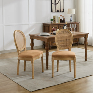 English Elm A&A French Style Dining Chairs Set Of 2 - Antique Wood Frame, Linen Fabric, Rattan Back, Tan Elegance W1143P323325
