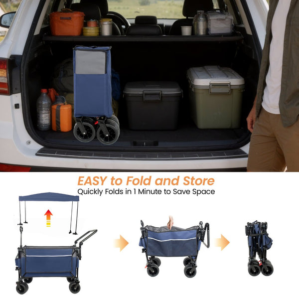 English Elm Multi-functional Heavy Duty Folding Wagon with Canopy Steel Frame All Terrain Wheels Blue Gray W2932P417648