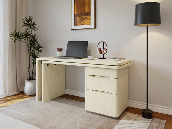 English Elm 90" Rotating L-shape Executive Desk Natural Melamine Mdf Surface Three Drawers Home Office Natural Wood N751S383638K