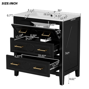English Elm 30'' Bathroom Vanity with Ceramic Sink, Solid Wood Frame Retro Style Vanity with 3 Drawers & Gold Handles Black N710P246209B