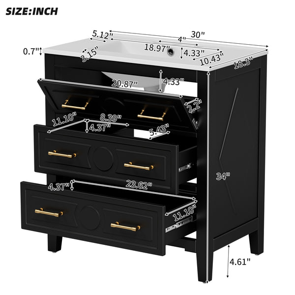 English Elm 30'' Bathroom Vanity with Ceramic Sink, Solid Wood Frame Retro Style Vanity with 3 Drawers & Gold Handles Black N710P246209B