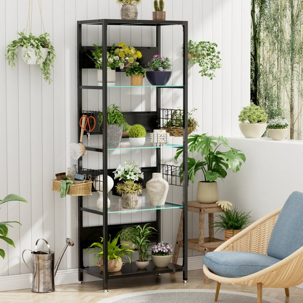 English Elm 4-tier Tempered Glass Steel Frame Display Shelf with Rgb Led Lighting for Collectibles W3190P371784