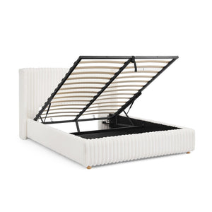 English Elm Queen Storage Bed Plush Ribbed Rabbit Fur Upholstery Gas Lift Platform Modern Luxury W1413S00181