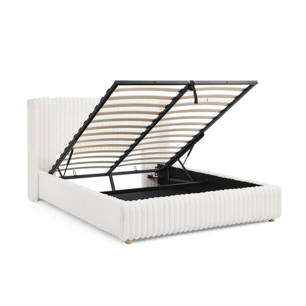 English Elm Queen Storage Bed Plush Ribbed Rabbit Fur Upholstery Gas Lift Platform Modern Luxury W1413S00181