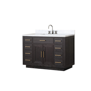 English Elm Black Oak Single Bath Vanity 48" W x 22" D with Carrara Marble Top, Chrome Gooseneck Faucet, Soft-Close Cabinet B2731P260825