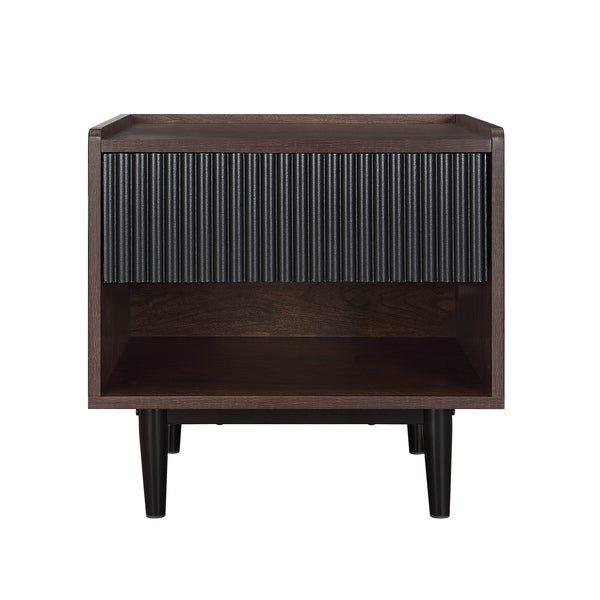 English Elm Duane Fluted 20" Nightstand in Black with Ribbed MDF, Handless Drawer & Iron Feet for Style B365P398187