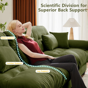 English Elm Extra oversized 3-seat velvet sofa with cloud-like cushions, deep seating, bolster arms and pillows for luxe comfort and support Olive Green W714S01107