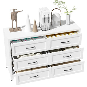 English Elm 6 Drawer White Steel Dresser Low Profile Powder Coated Frame for Bedroom or Hallway T2398P465981