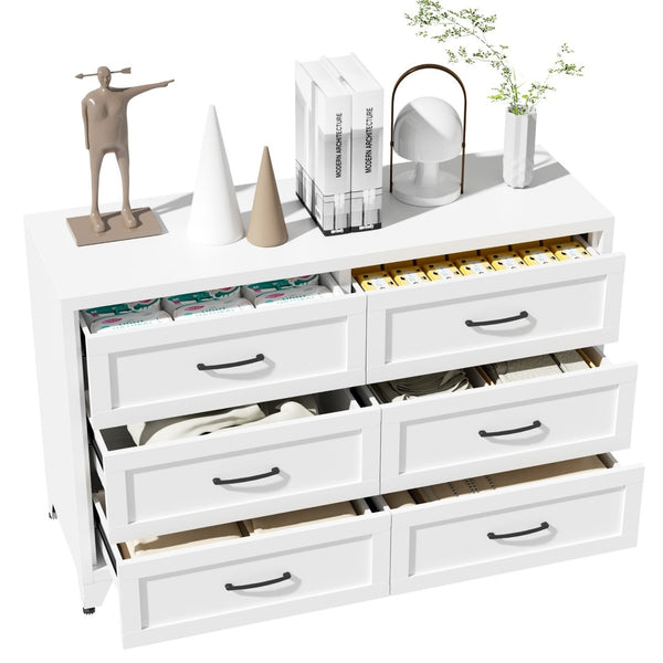 English Elm 6 Drawer White Steel Dresser Low Profile Powder Coated Frame for Bedroom or Hallway T2398P465981
